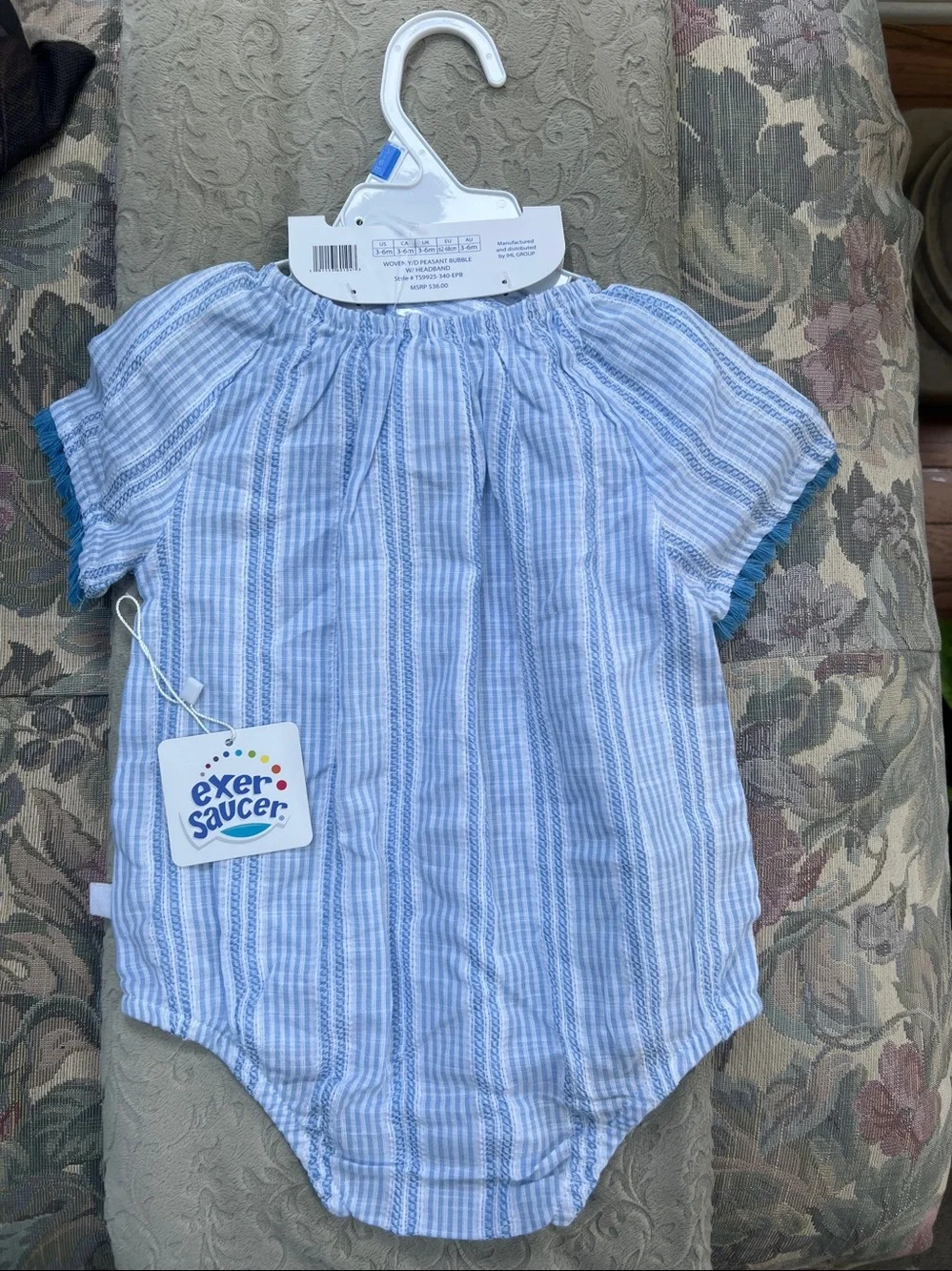 Exersaucer blue striped baby girl romper, matching bow headband 3-6 months